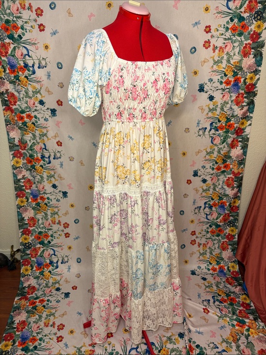 None Dresses & Skirts - Bohemian Tiered Floral Pastel Maxi Dress in Multi-Color w/ Lace